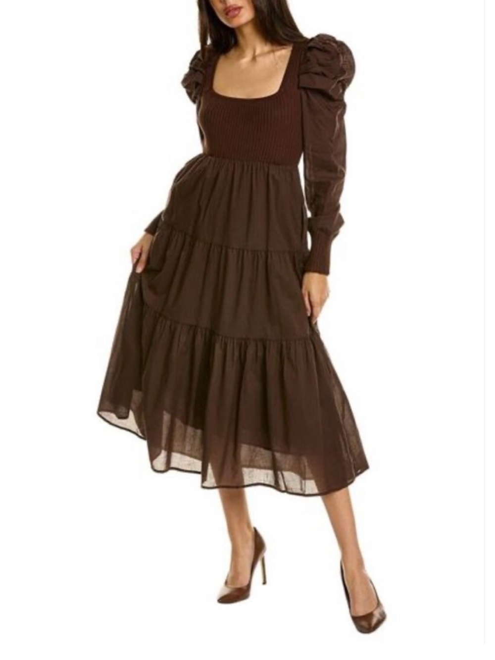 en saison brown dress NWT Lucille Sz M Tiered Midi Cottagecore Prairie Style Pauline